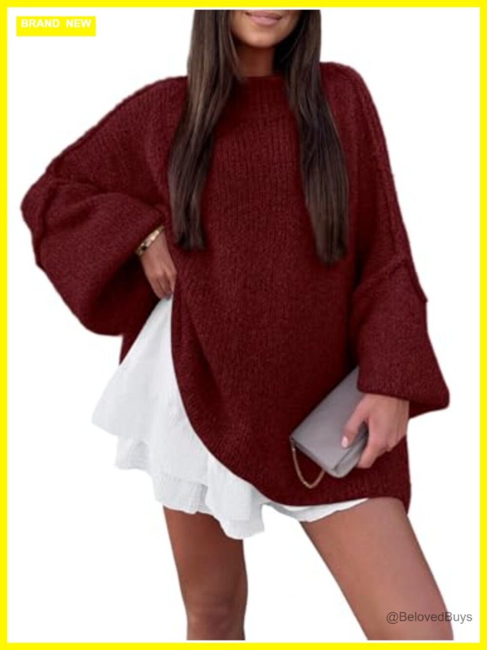 Oversized Mock Neck Batwing Chunky Knit Sweater Pullover
